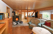 Salon de chalet en Allemagne avec poêle à bois, canapés confortables et fenêtre donnant sur la nature.
