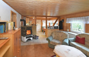 Wohnzimmer im Ferienhaus mit Kaminofen, gemütlichen Sofas und Holzvertäfelung in Deutschland.