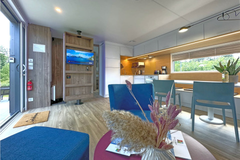 Modern and bright tiny house living room with open kitchen, dining area, blue chairs, and nature view.