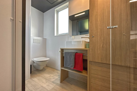 Moderne badkamer in een tiny house met hangtoilet, houten kasten, handdoeken en groot raam.