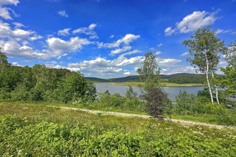 Udsigt over floden og frodigt landskab fra et tiny house, med blå himmel og skyer i baggrunden.