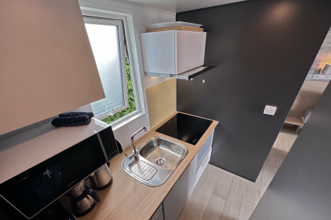 Modern compact kitchen in a tiny house featuring a sink, cooktop, coffee maker, and window view.