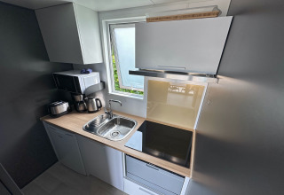 Cuisine compacte et moderne dans un tiny house, avec évier, plaques, micro-ondes et fenêtre lumineuse.