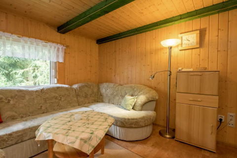 Gemütliches Wohnzimmer in einer Holzhütte mit Ecksofa, Stehlampe, kleinem Tisch und Waldblick.