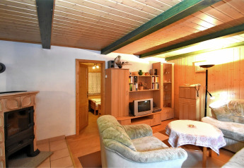 Cozy living room at the Neustadt lodge in Germany with wood ceiling, fireplace, sofa and wall unit.