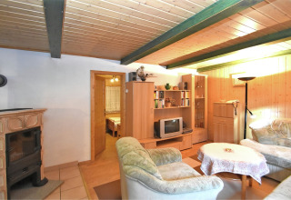Gezellige woonkamer in lodge Neustadt in Duitsland met houten plafond, open haard en comfortabele bank.