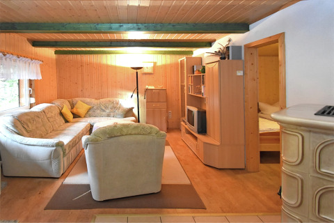 Woonkamer in lodge Neustadt in Duitsland met houten wanden, comfortabele bank en rustieke inrichting.