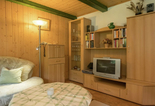 Gezellige woonkamer in lodge Neustadt in Duitsland, met houten lambrisering, retro-tv en boekenkast.