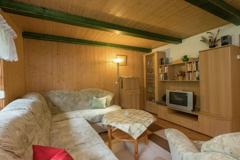 Gezellige woonkamer in lodge Neustadt in Duitsland met houten wanden, hoekbank, tv en boekenkast.