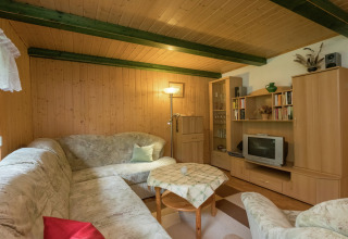 Gezellige woonkamer in lodge Neustadt in Duitsland met houten wanden, hoekbank, tv en boekenkast.