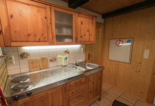 Kleine keuken met houten panelen in lodge Neustadt in Duitsland, met kookplaat en gootsteen.