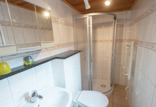 Moderne badkamer met douche, wastafel en toilet in lodge Neustadt, Duitsland, met betegelde muren.
