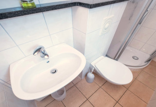 Modernes Badezimmer in der Lodge Neustadt in Deutschland mit Waschbecken, Toilette und Dusche.