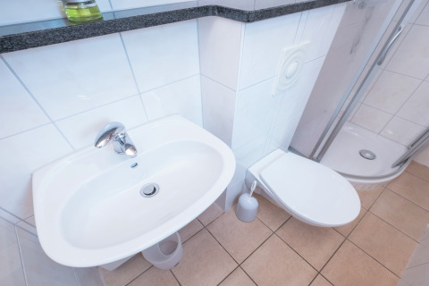 Modern badkamer bij lodge Neustadt in Duitsland met witte wastafel, toilet en douchecabine.