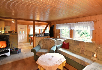 Gemütliches Wohnzimmer im Ferienhaus 'mit Parkplatz' in Deutschland mit Kamin und Sofas.