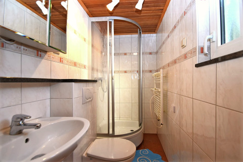 Smalt badeværelse med bruser, toilet og håndvask i Holiday home «with Parking» i Tyskland.