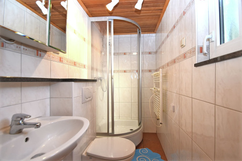 Schmales Badezimmer mit Dusche, WC und Waschbecken im Holiday home «with Parking» in Deutschland.