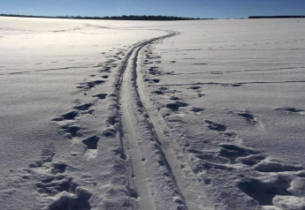 Skispuren und Fußabdrücke im Schnee unter blauem Himmel bei Holiday home «with Parking» in Deutschland.