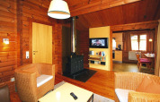 Acogedora sala de chalet con paredes de madera, estufa, sillones de mimbre y vista a la cocina.