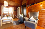 Gezellige chalet woonkamer met houten wanden, haard, grijze fauteuil, witte tafel en zonnig raam.