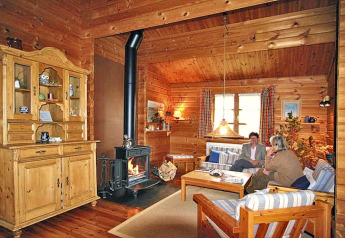 Interior view of a cozy wooden chalet with a wood-burning stove, rustic furniture and two people chatting.