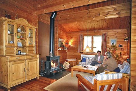 Vista interna di uno chalet accogliente in legno con stufa a legna, mobili rustici e due persone che parlano.
