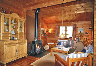 Vista interior de un acogedor chalet de madera con estufa, muebles rústicos y dos personas conversando.