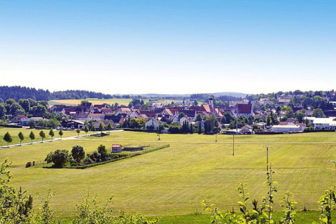 View from a chalet overlooking green fields and a charming village with red roofs under a clear sky.