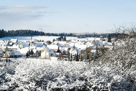 Winter village scene with snow-covered roofs and trees, viewed from a cozy chalet under clear blue skies.