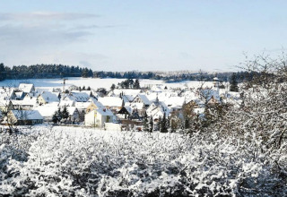 Paesaggio invernale con case e alberi innevati visto da un accogliente chalet sotto il cielo azzurro.