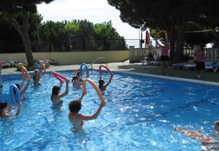 Personen doen watergym met schuimrubberen buizen in een openluchtzwembad bij een glamping accommodatie.
