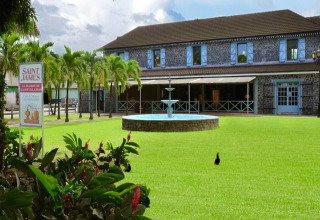 Foto de un alojamiento glamping con fuente, palmeras, césped verde y edificio de piedra tradicional.