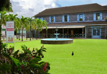 Photo of a glamping accommodation with a fountain, palm trees, garden, and a traditional stone building.