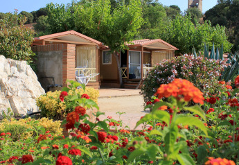 Bungalow entouré de fleurs colorées et végétation luxuriante au Camping Rocagrossa en Espagne.
