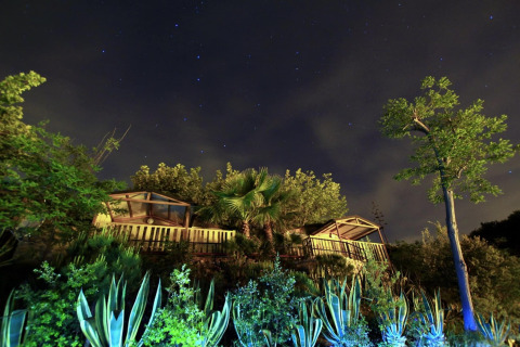 Nattebillede af Camping Rocagrossa Bungalow i Spanien med nattehimmel, stjerner og grøn beplantning.