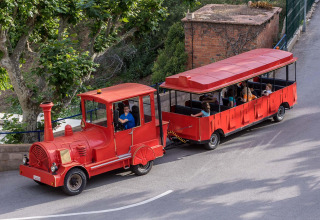 Kleiner roter Touristenzug mit Passagieren fährt auf einer Straße bei einer Glamping-Unterkunft.