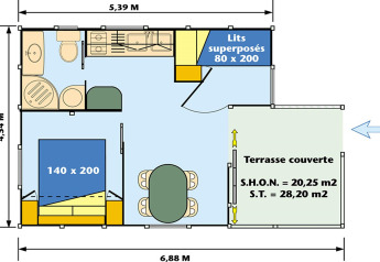 Floor plan of a 4-person bungalow at Camping Rocagrossa in Spain, showing bedrooms, kitchen, and terrace layout.
