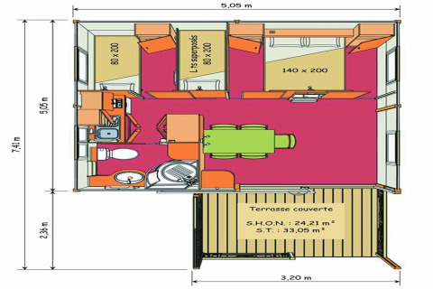 Plantegning af Camping Rocagrossa Bungalow til 5 personer i Spanien med terrasse, værelser og badeværelse.