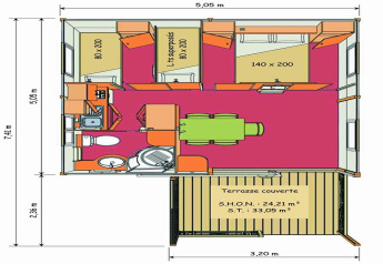Floor plan of Camping Rocagrossa Bungalow for 5 people in Spain showing terrace, bedrooms, and bathroom.