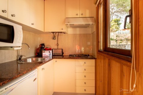 Cocina luminosa con paneles de madera, ventana amplia, fogón, microondas y cafetera en una cabaña española.