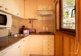 Cocina luminosa con paneles de madera, ventana amplia, fogón, microondas y cafetera en una cabaña española.
