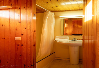 Baño en una cabaña de madera con ducha y lavabo, Vilanova Park BUNGALOW 4 PAX S150, España.
