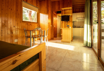Interior luminoso de madera en Vilanova Park BUNGALOW 4 PAX S150 con cocina, mesa y ventanas grandes.