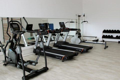 Gimnasio moderno en glamping con cintas de correr, pesas y espejos en una sala luminosa y amplia.