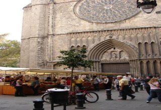 Mercado callejero en España frente a una gran iglesia gótica, gente, puestos y una bicicleta estacionada.