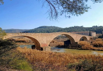 Stenen brug over een rivier bij Vilanova Park BUNGALOW 4 PAX S150, omgeven door natuur en heuvels in Spanje.