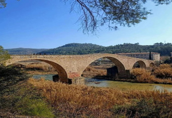Steinerne Bogenbrücke über einen Fluss bei Vilanova Park BUNGALOW 4 PAX S150, umgeben von Bergen und Natur.