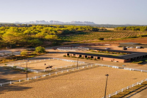 Vista aérea de una escuela ecuestre en Vilanova Park BUNGALOW 4 PAX S150 en España, rodeada de naturaleza.