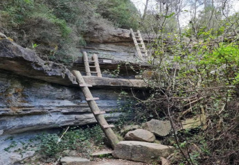 Dos escaleras de madera apoyadas en un acantilado rocoso cerca de Vilanova Park BUNGALOW 4 PAX S150, España.