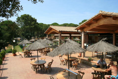 Buitenterras van Resort Begur 1 in Spanje, met rieten parasols, houten tafels en veel groen.